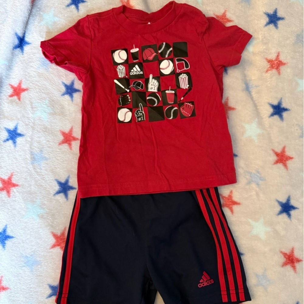 Adidas Red and Black Sports Short Set, Size 24 months
